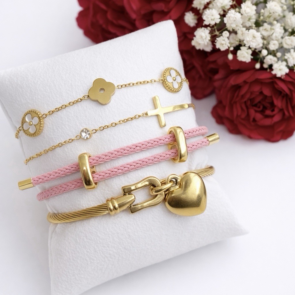 Gold & Pink Clover Heart Bracelet Stack – 4 Piece Layered Luxury Set