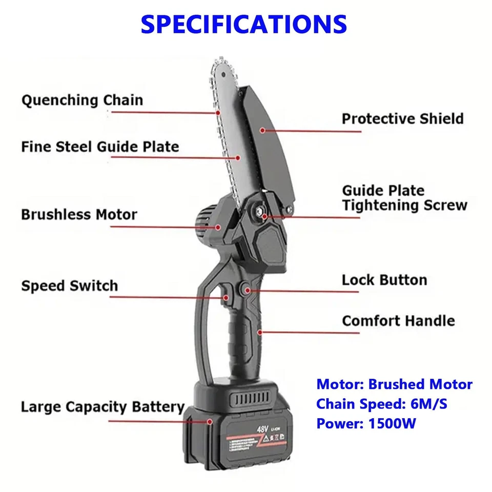8" 48V Electric Mini Chainsaw Handheld Cordless Wood Cutter 2 Battery 2 Chain - Image 4 of 4