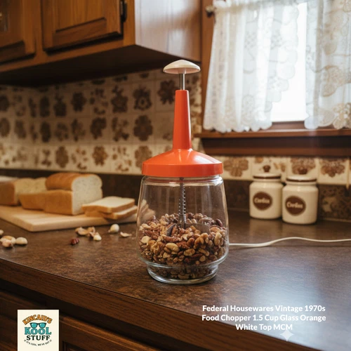 Federal Housewares Vintage 1970s Food Chopper 1.5 Cup Glass Orange White Top MCM