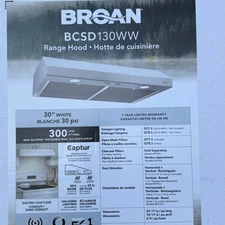 Broan Nutone BCSD130WW Glacier 300-CFM WHITE Under Cabinet Range Hood NEW