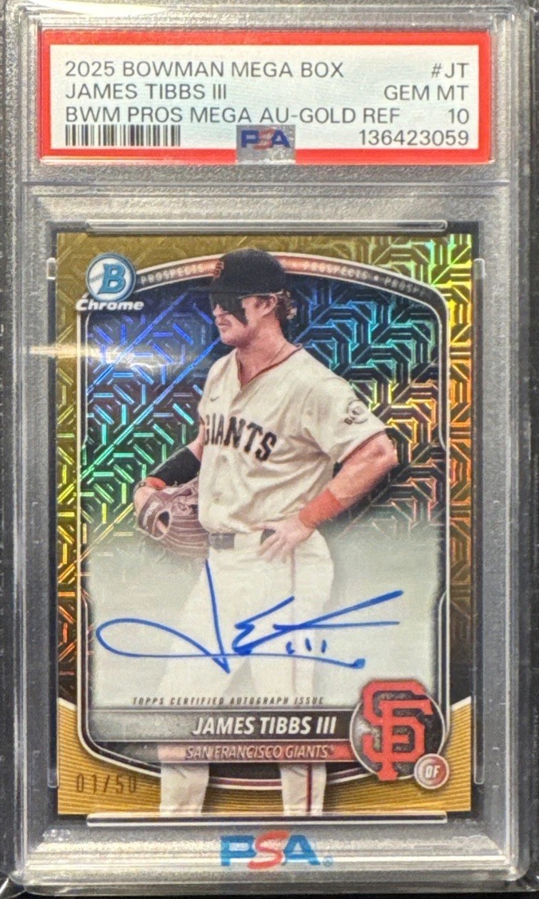 2025 Bowman James Tibbs Auto Prospect Gold Mojo Refractor SP 1/50 Dodgers PSA 10