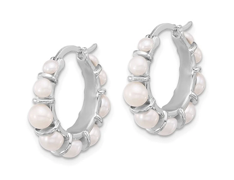 White Freshwater Cultured Pearl Hoop Earrings in Sterling Silver - Image 2 of 4