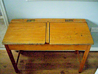 VINTAGE OAK CHILDREN'S DOUBLE SCHOOL DESK IN GREAT CONDITION C/W BRASS INKWELLS