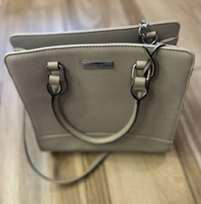 Nine West Beige Satchel Top Handle Zip Detachable Strap Inner Pockets Silver
