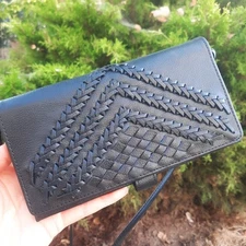 The Sak Black Woven Leather Wallet with Crossbody Strap 7.5"x4", 22" strap Purse