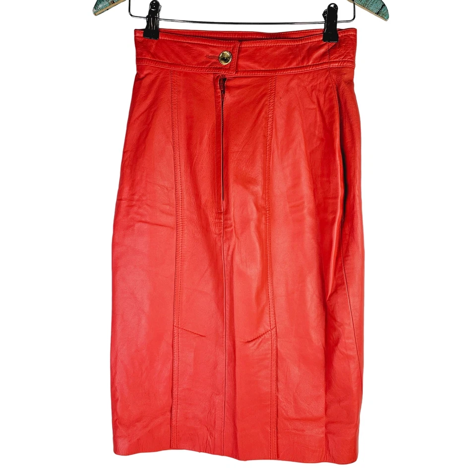 Falda de cuero naranja forrada a lápiz larga de laurel vintage años 80, talla 6 Foto 4 de 4
