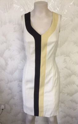 TRUE VINTAGE GR 8 BLEISTIFTKLEID CREME SCHWARZ GELB GESTREIFT QUALITÄT DESIGNER