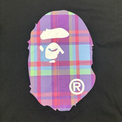 BAPE A BATHING APE Multi Plaid Check Big APE HEAD T-SHIRT Black 