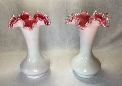 2 Fenton White Cased in Dark Pink Glass Ruffled Silver Crest Edge Vases 8.25 in