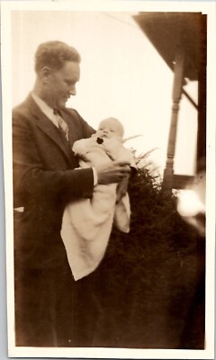 Handsome Dapper Man Carrying Baby Son Americana Snapshot 1930s Vintage Photo