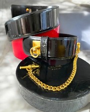 Authentic Celine Vintage Black Patent Leather Gold Buckle Chain Belt Size 70