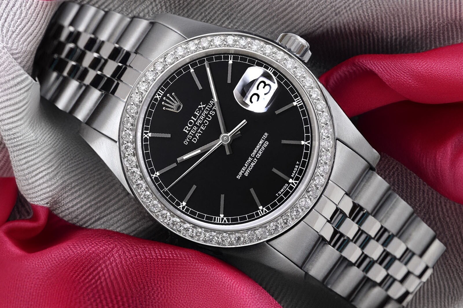 Rolex Datejust 31mm Ladies Watch with Black Index Dial Diamond Bezel Steel