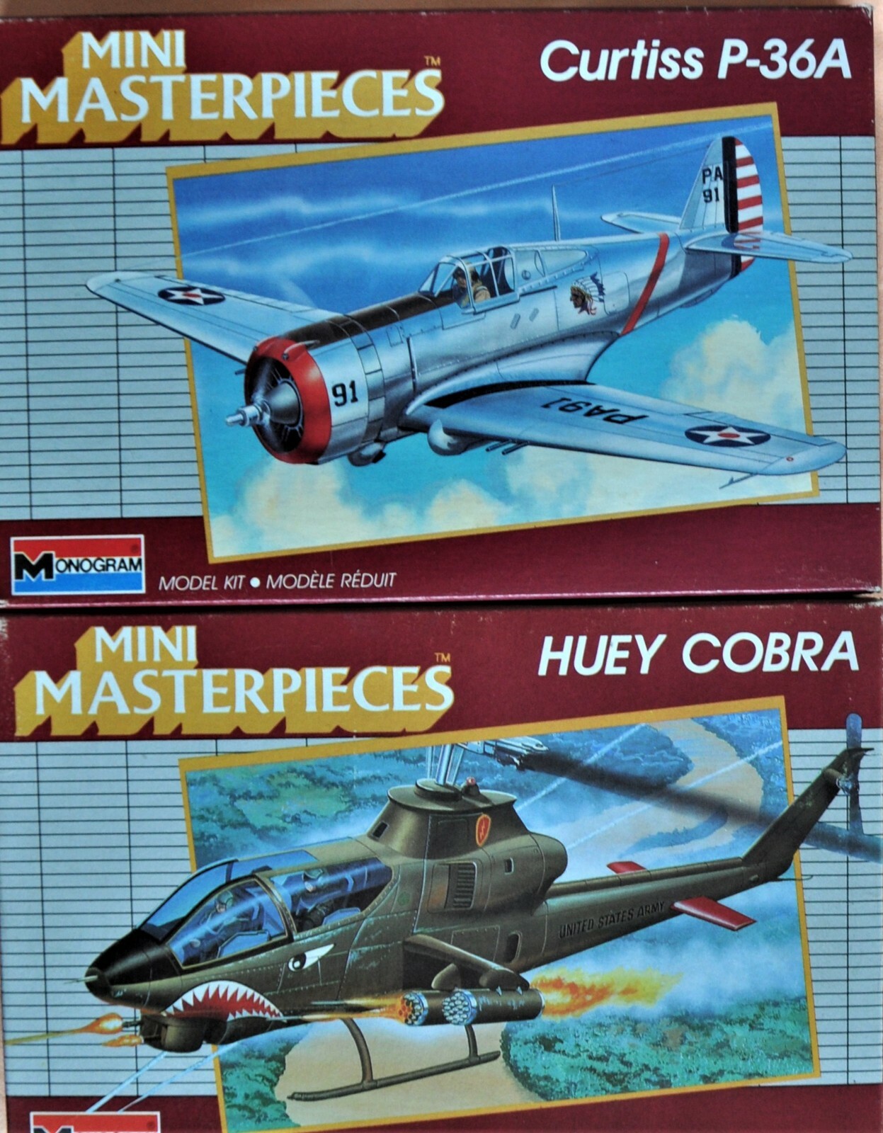 Maquette Monogramme Avion & hélicoptère de combat Curtis P-36A et Huey Cobra à coller