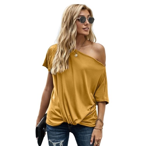 Fashionable Cold Shoulder T-Shirt for Women Short Dolman Sleeve Irregular Blouse - Picture 13 of 38