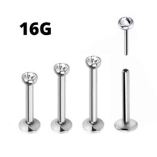 PAIR 16G 1/4" 2-3mm CZ PUSH IN PIN TRAGUS STEEL LABRET EARRING HELIX Ear STUD