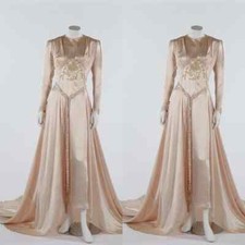 Champagne Satin Vintage Wedding Dresses Long Sleeves Sweep Train Bridal Gowns