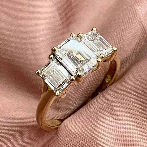 3.5CTW Emerald Cut Moissanite Three Stone Engagement Ring 14k Yellow Gold Plated - Picture 2 of 6
