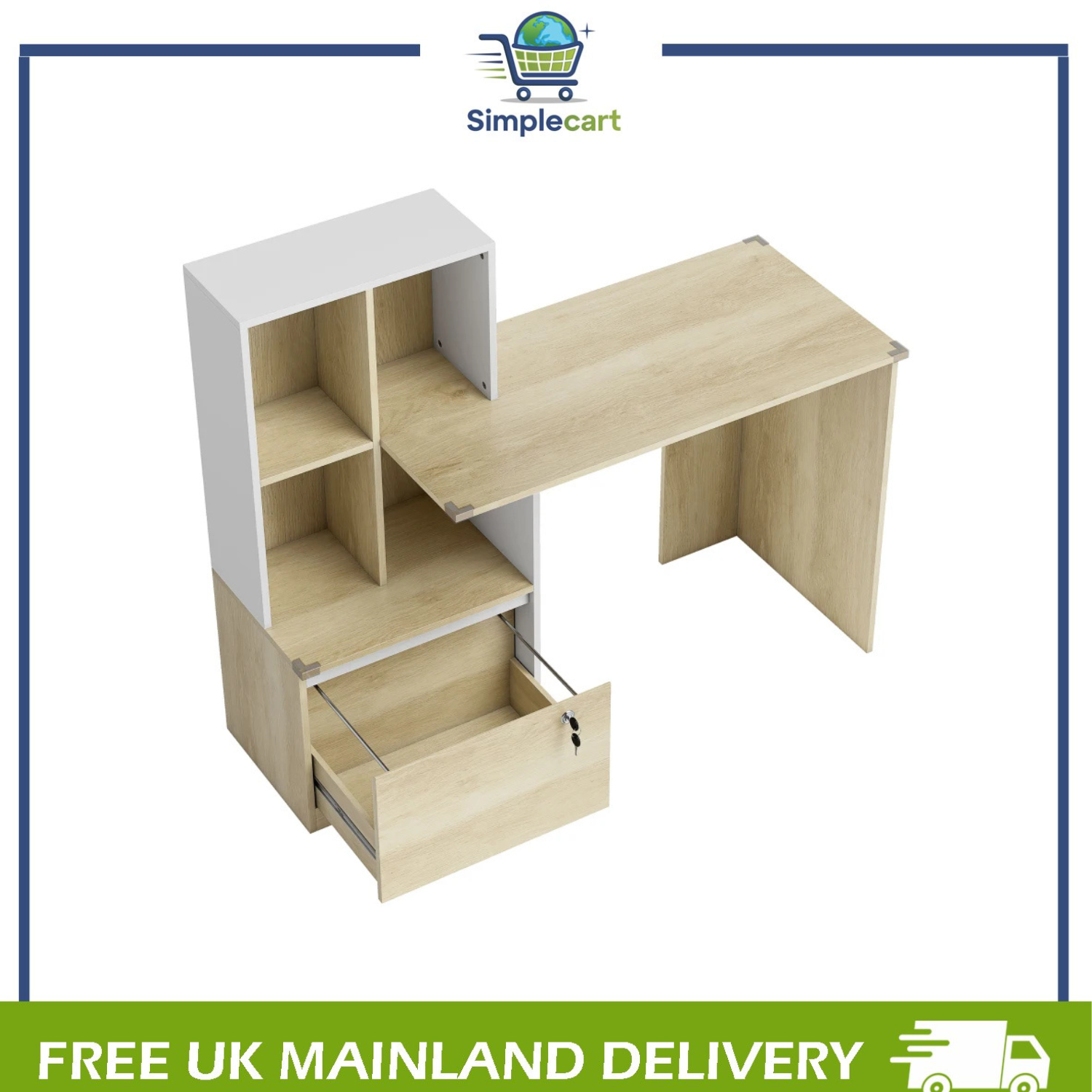 Computer Desk with Lockable File Drawers, Oak Wood Effect