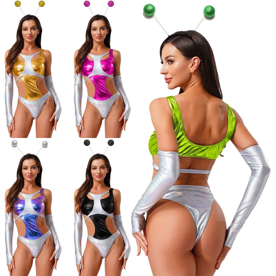 Women Alien Costume Contrast Color Bodysuit with Gloves Headwear Cosplay Outfits - Image 2 of 3