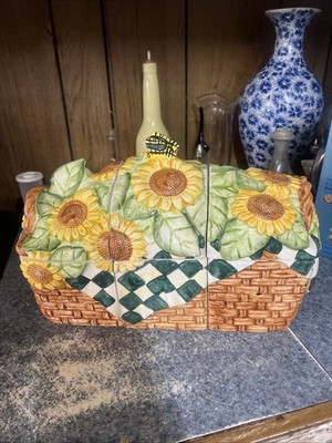 VTG Sunflower Butterfly Basket Canisters Set - 3 Kitchen Container Cottage Weave