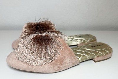 BIRDIES Women's 7.5 The Songbird Mule Pink Blush Velvet Pom Pom Slip On Shoes