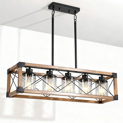 LED 32'' Chandelier Fixtures Pendant Light Rectangle Oak 5 Lights Farmhouse