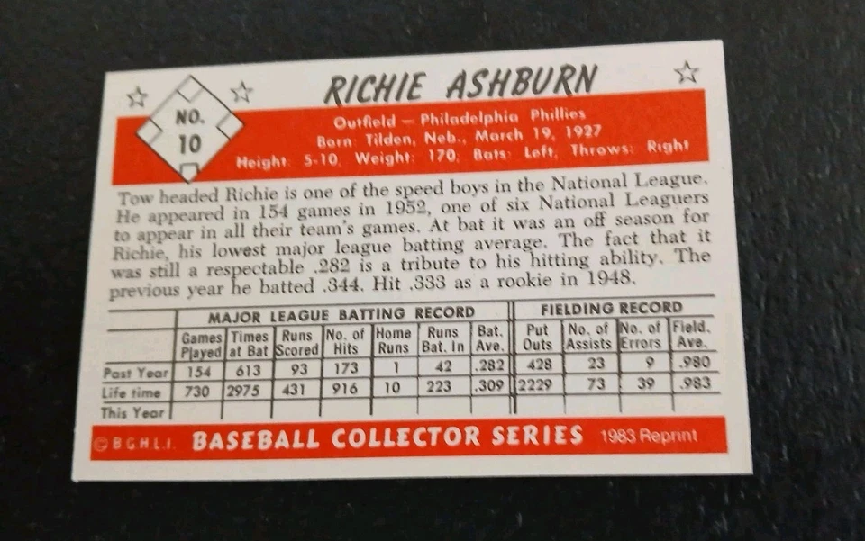1983 CCC reprint - 1953 Bowman #10 Richie Ashburn Auto Signed Phillies NM-MT - Image 2 of 2