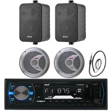Black 4" Marine Box Speakers, 6.5" Speakers, Black Bluetooth Radio, Antenna