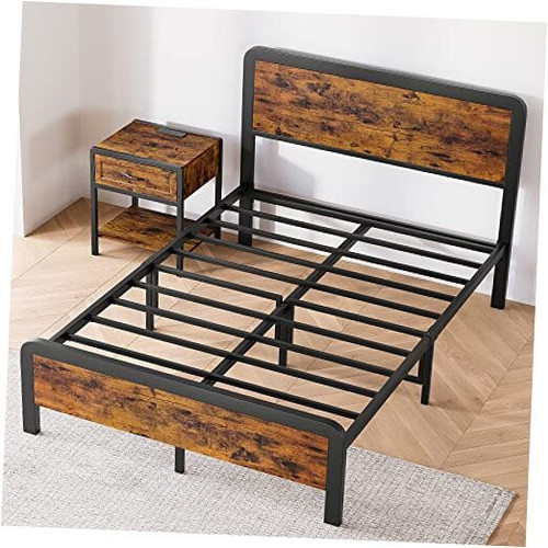 Queen Bed Frame with Headboard, Industrial Metal Platform Bed Frame, Rounded