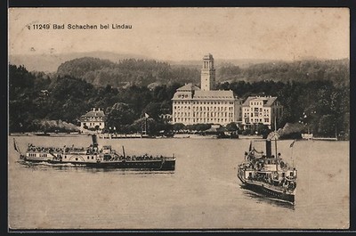 Bad Schachen bei Lindau, Dampfer vor dem Ort, Ansichtskarte 1920 