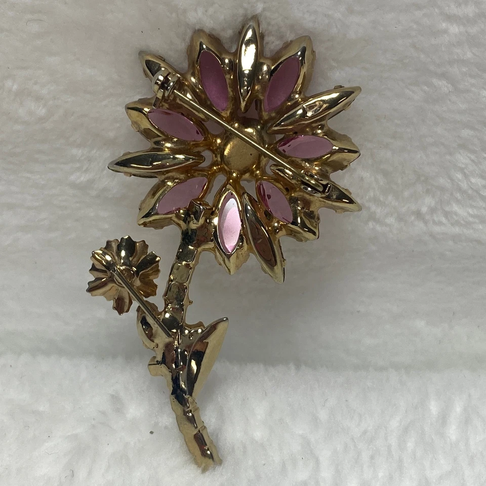 VTG Delizza & Elster Juliana Floral Brooch Pink Green Rhinestone Flower Pin - Image 4 of 4