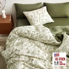- Floral Duvet Cover Set, Botanical Vintage Flower Coquette Queen Olive Green