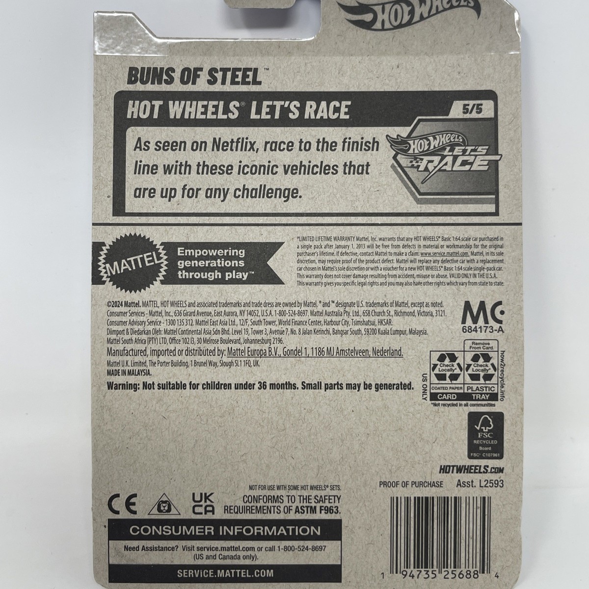 Hot Wheels Buns Of Steel – Let's Race 5/5 – HYY88 – Carte Courte – Burger Et Frites – Netflix – Échelle 1:64 – Mattel 2025