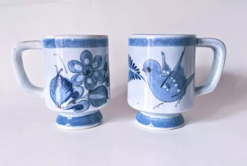 Set Of 2 Coffee Mugs Pedastal Cups Blue Mexico Folk Art Birds Floral 8 oz