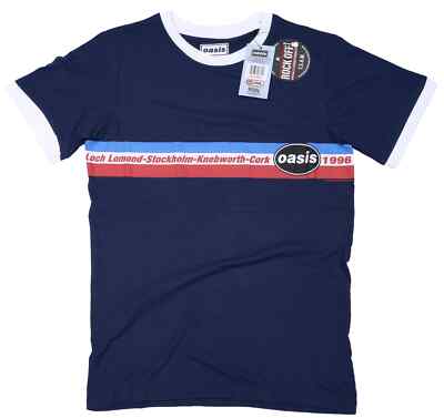 Official Oasis T Shirt 1996 Tour Stripes Blue Ringer New S M L XL