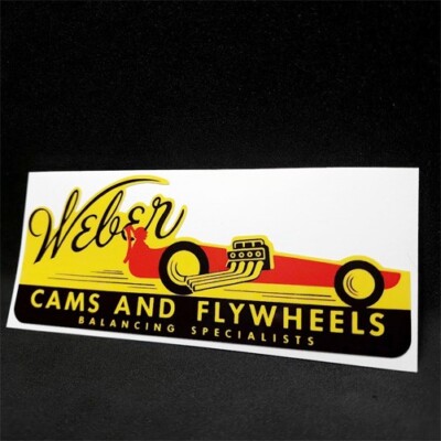 WEBER CAMS & FLYWHEELS Vintage Style DECAL, Vinyl STICKER, hot rod, car racing
