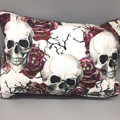 Mortar & Bone Skulls Roses Floral Beaded Accent Throw Pillow 10x14 Halloween