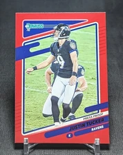Justin Tucker Red Press Proof 2021 Donruss Football Card #240 Baltimore Ravens