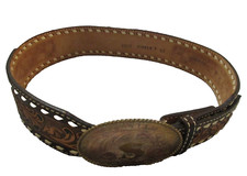 Circle Y Tooled Ranch Leather Belt 32  Name STACEY with Sterling Silver Buckle