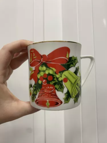 Vintage MCM Lefton China Christmas Holly Berry Bells Mug cup HAND PAINTED 1303