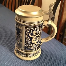 S.P. GERZ Cobalt Blue Salt Glazed Pewter Lid German Beer Stein Family  5 12”