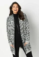 C & B Ladies Animal Print Fuzzy Open Front Coatigan Sweater M or L  - 32" Long