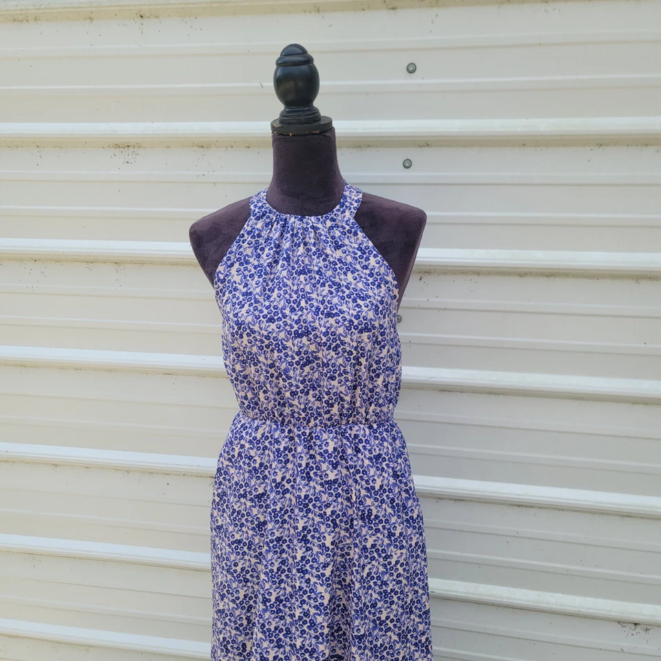 Maxi Vestido Largo Para Mujer Jessica Simpson Halter Sin Mangas Beige Azul Floral XS Foto 3 de 4