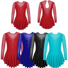 Kids Ice Skating Dress Long Sleeve Sparkly Mesh Splice Leotard Dress Dance-wear