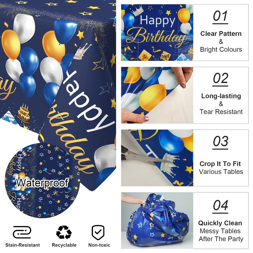 2PCS Party Tischdecke Blau Gold Happy Birthday Tischtuch Luftballons Stern Re... - Bild 3 von 4