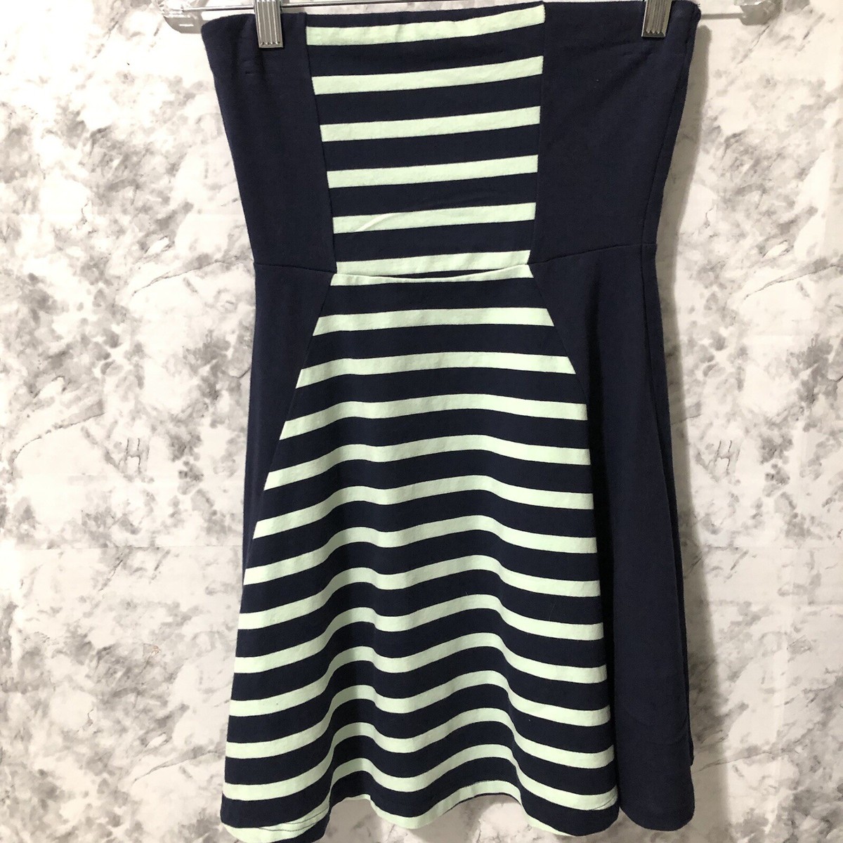 stretch cotton skater dress Express Strapless Dress Stretch Cotton Skater Women's Size XS Navy Blue  Mint