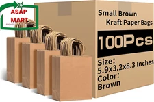 RACETOP Small Brown Kraft Paper Bags with Handles Bulk, 5.9"X3.2"X8.3" 100Pcs Sm