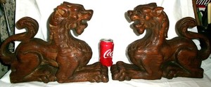 TWO ANTIQUE VICTORIAN HOME ART HAND CARVED WOOD LION PEDIMENT SCULPTURE STATUES