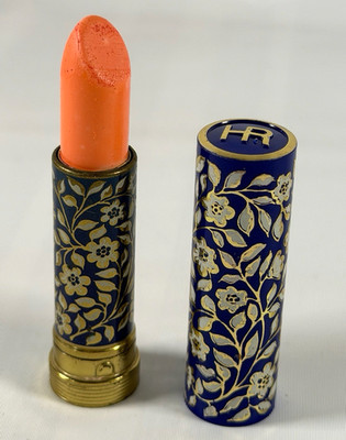 Vtg. Helena Rubinstein Lipstick Blue Enamel Floral Gold Metal Tube ITALIAN PINK