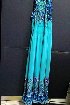 #ad Boston Proper Turquoise Blue Paisley Halter Maxi Dress Ruffle Lined 8 $39.99